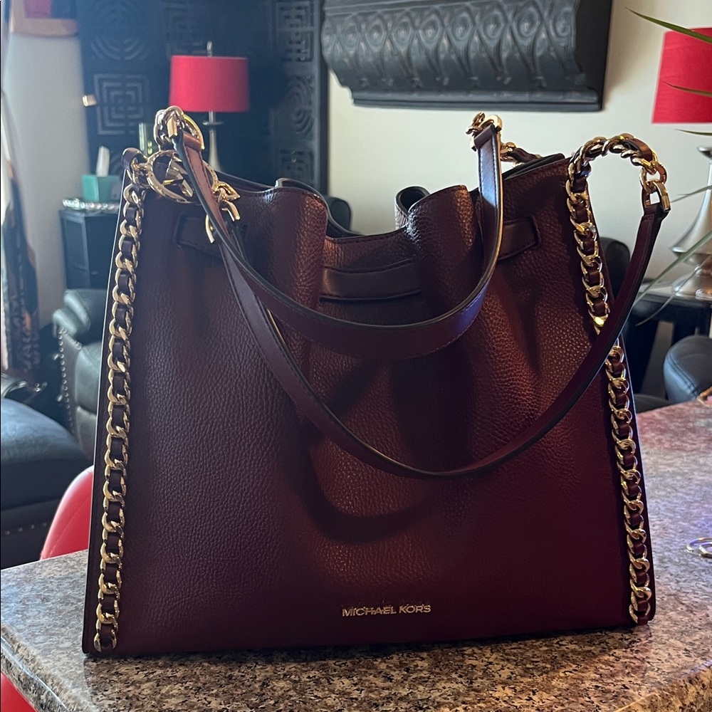 Michael Kors burgundy Leather Tote with Gold Chain